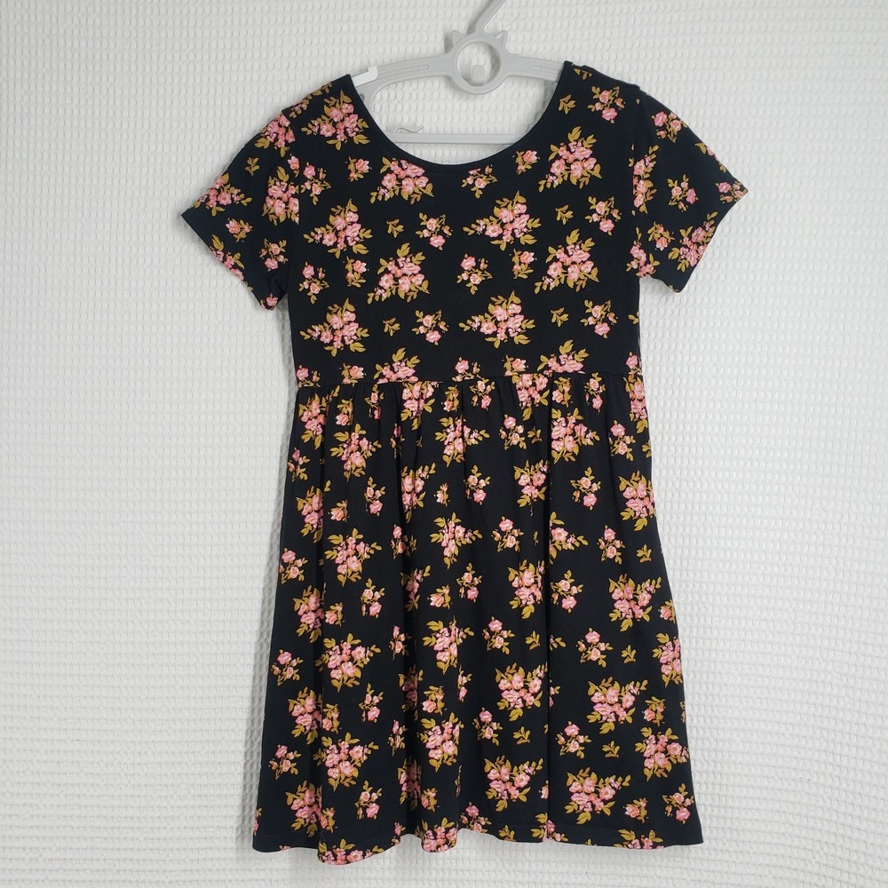 Old Navy Dress Girls 10-12 Large Black Floral Short Sleeve Pockets Cotton Summer